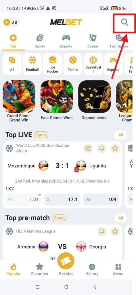 MelBet application main page with search bar