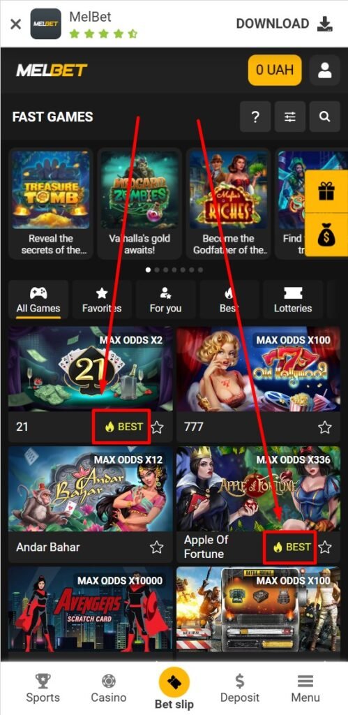 Games marked Best on MelBet mobile website