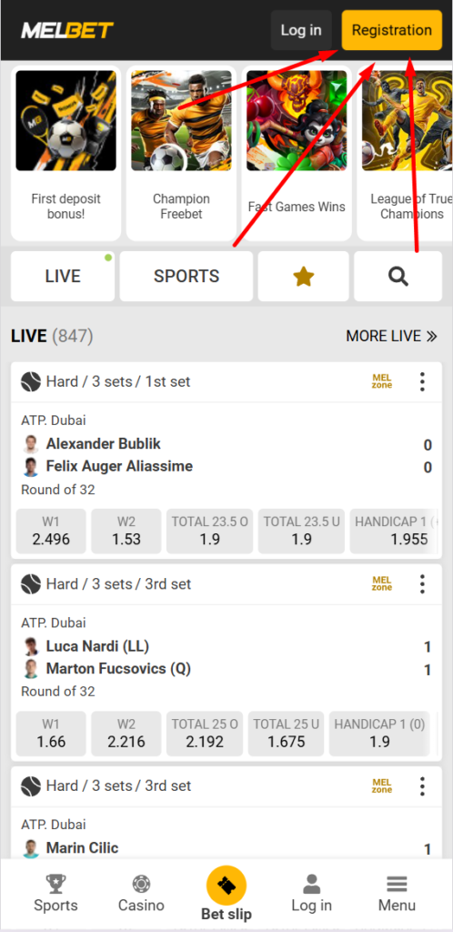 Registration button on MelBet website