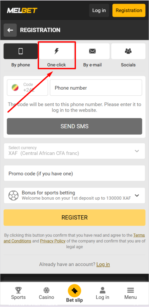 MelBet registration in 1 click