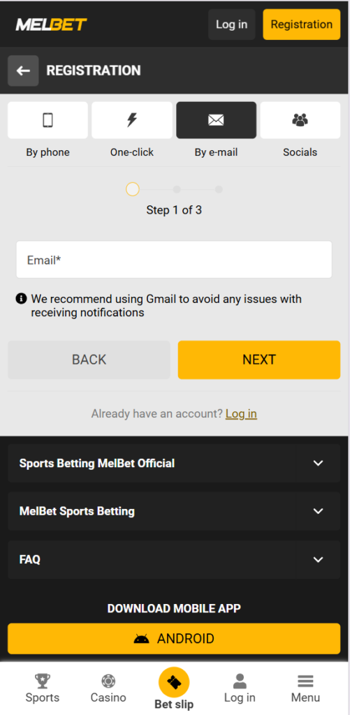 MelBet registration by email