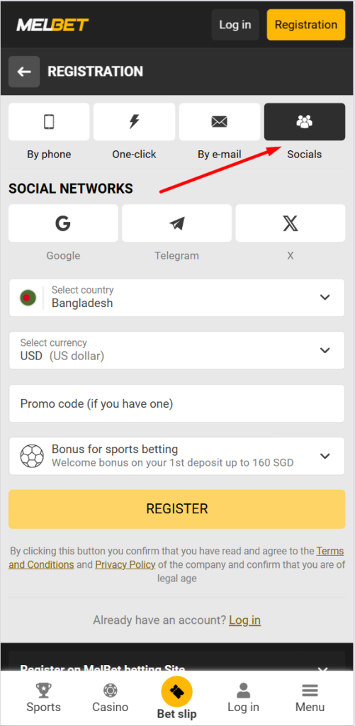 MelBet registration via social media