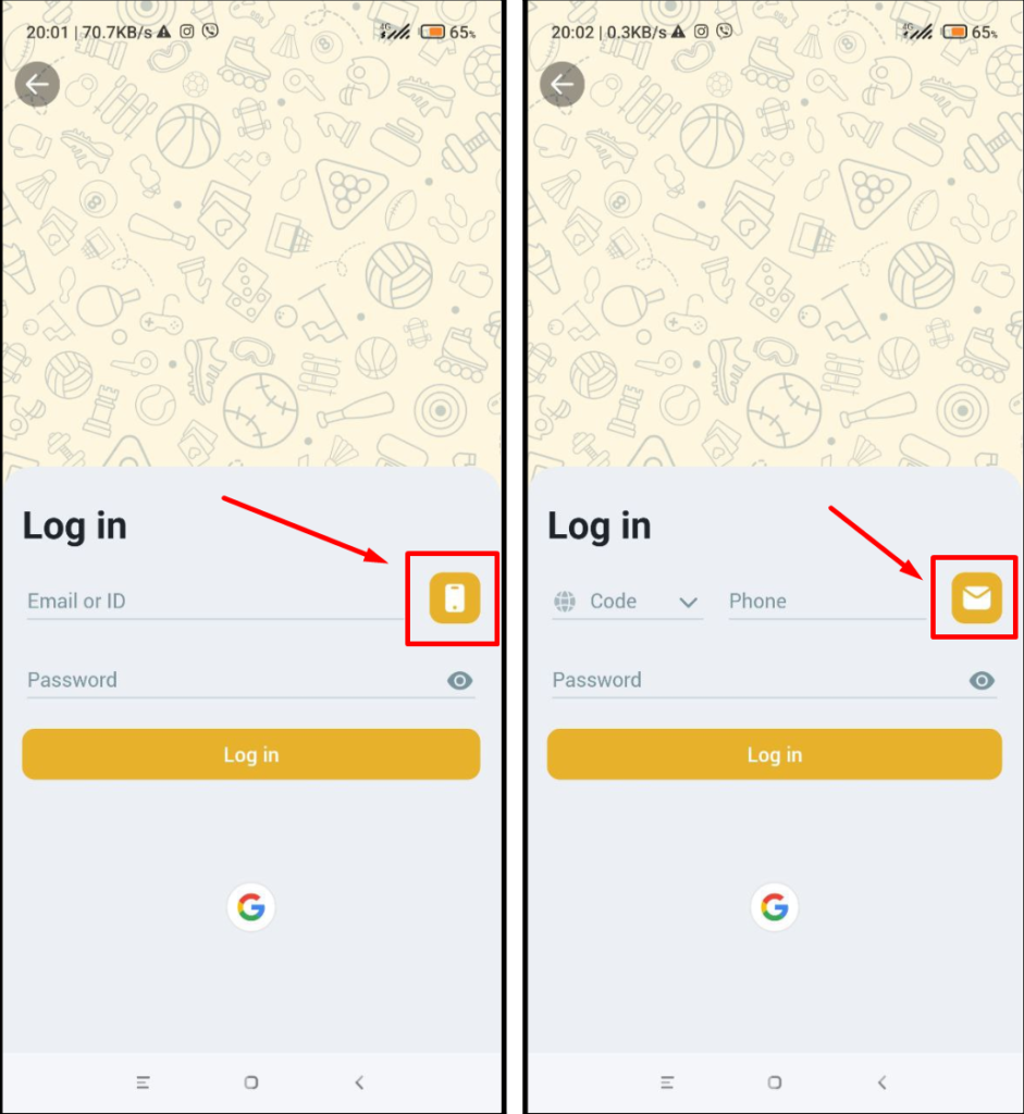 Страница логина в приложении MelBet