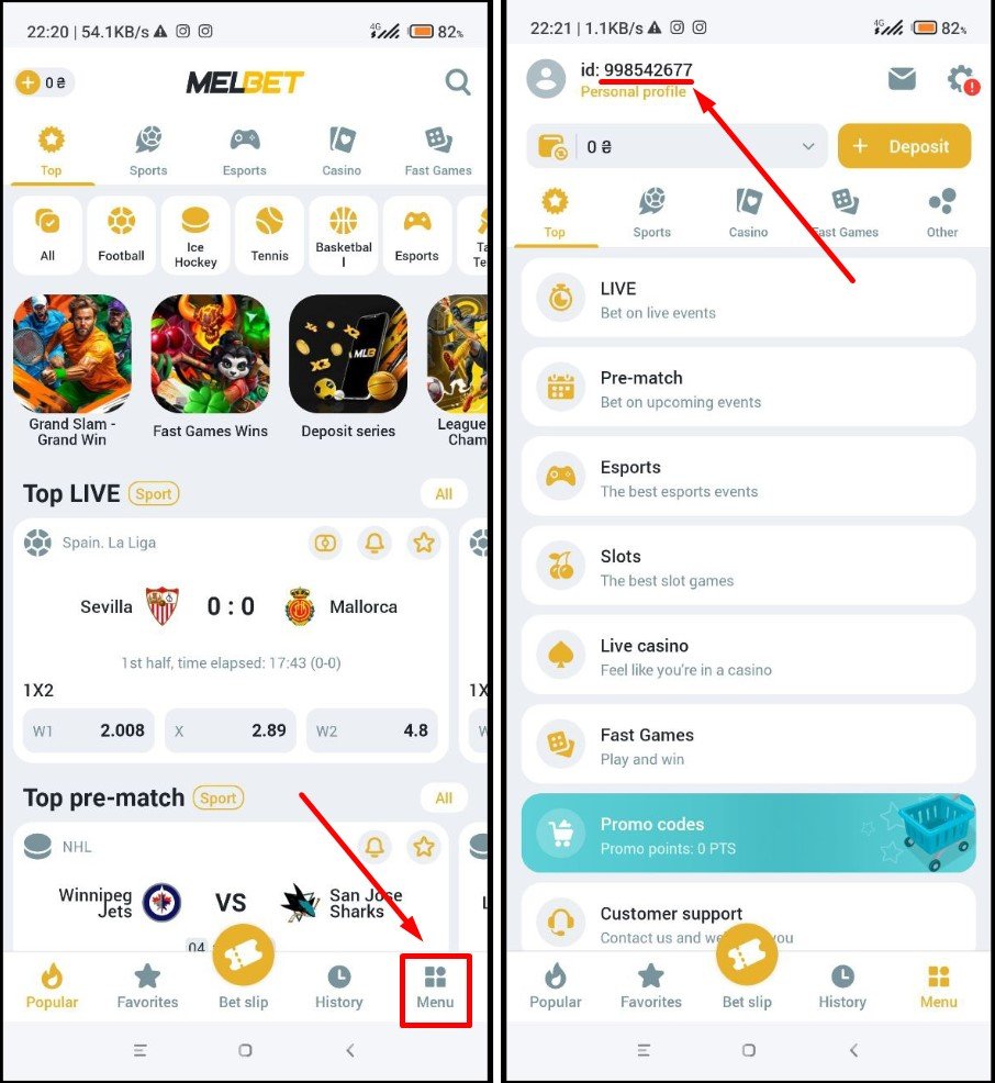 MelBet account ID in mobile app
