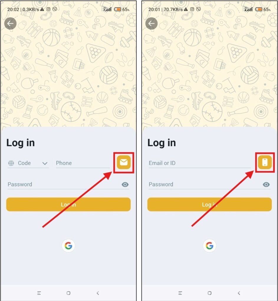 MelBet login page on the app