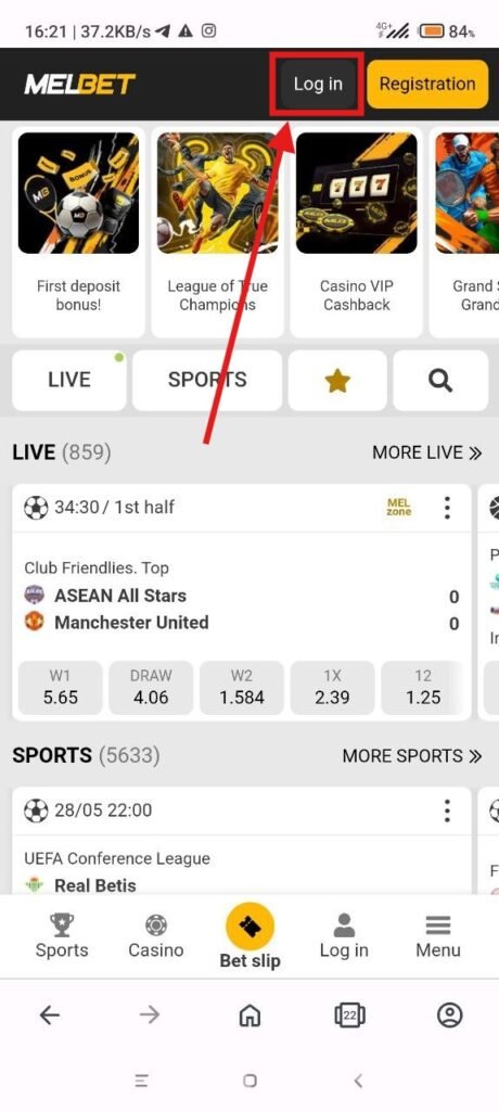 زر تسجيل الدخول إلى MelBet على الموقع الإلكتروني