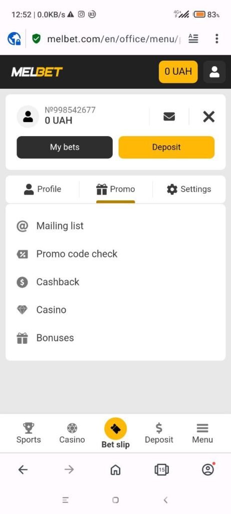 Promo code verification at MelBet mobile website picture 2