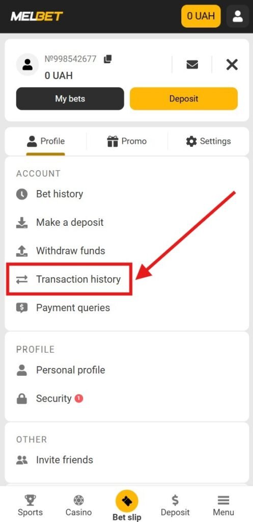 MelBet transaction history mobile website - step 2