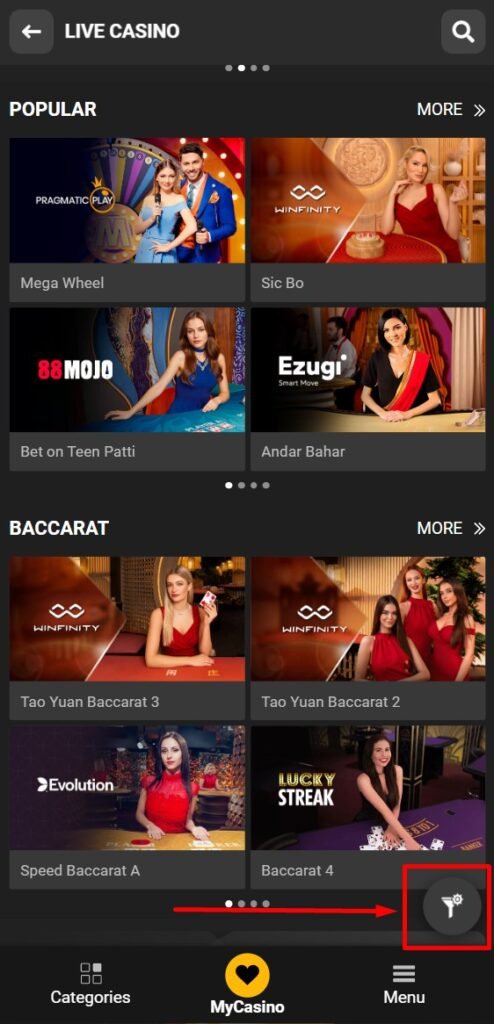 MelBet casino filter