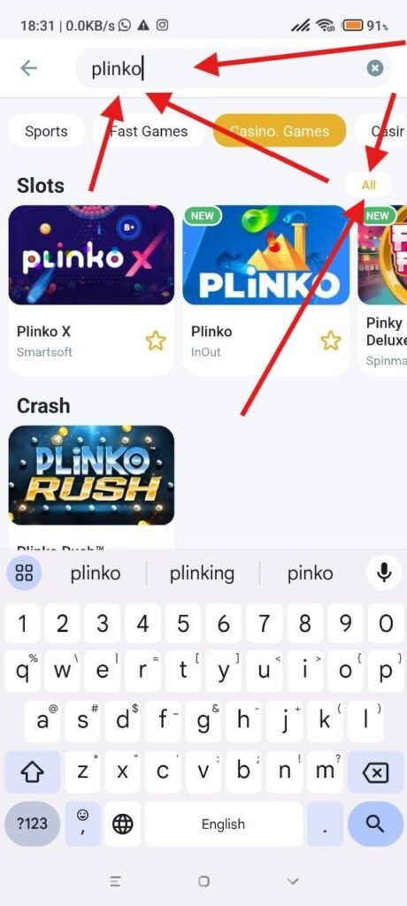 How to find Plinko at MelBet mobile app - Step 3