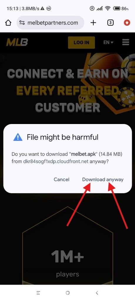 MelBet Partners APK warning message